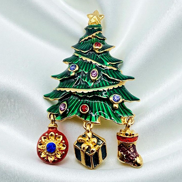 Christopher Radko Enameled Christmas Tree Brooch with Dangles & Rhinestones - Picture 1 of 5